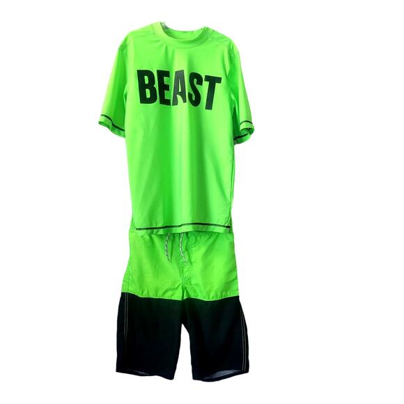 Old Navy Boys Swim Shirt and Trunks Green and Black NWOT - Picture 1 of 8